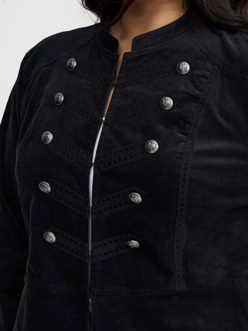 Torrid 1 1X 14-16 Deep Black Woven Velvet Military Jacket Double-Breasted Peplum - Picture 4 of 9